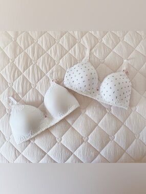 𝜗𝜚 victoria’s secret cotton lace trim lightly lined wireless bra set whitefloral
